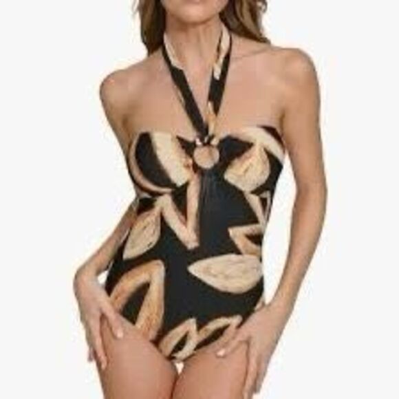 NWT DKNY Women's Black O-Ring One-Piece Bandeau-Neck Swimsuit.  Size M - Picture 1 of 7